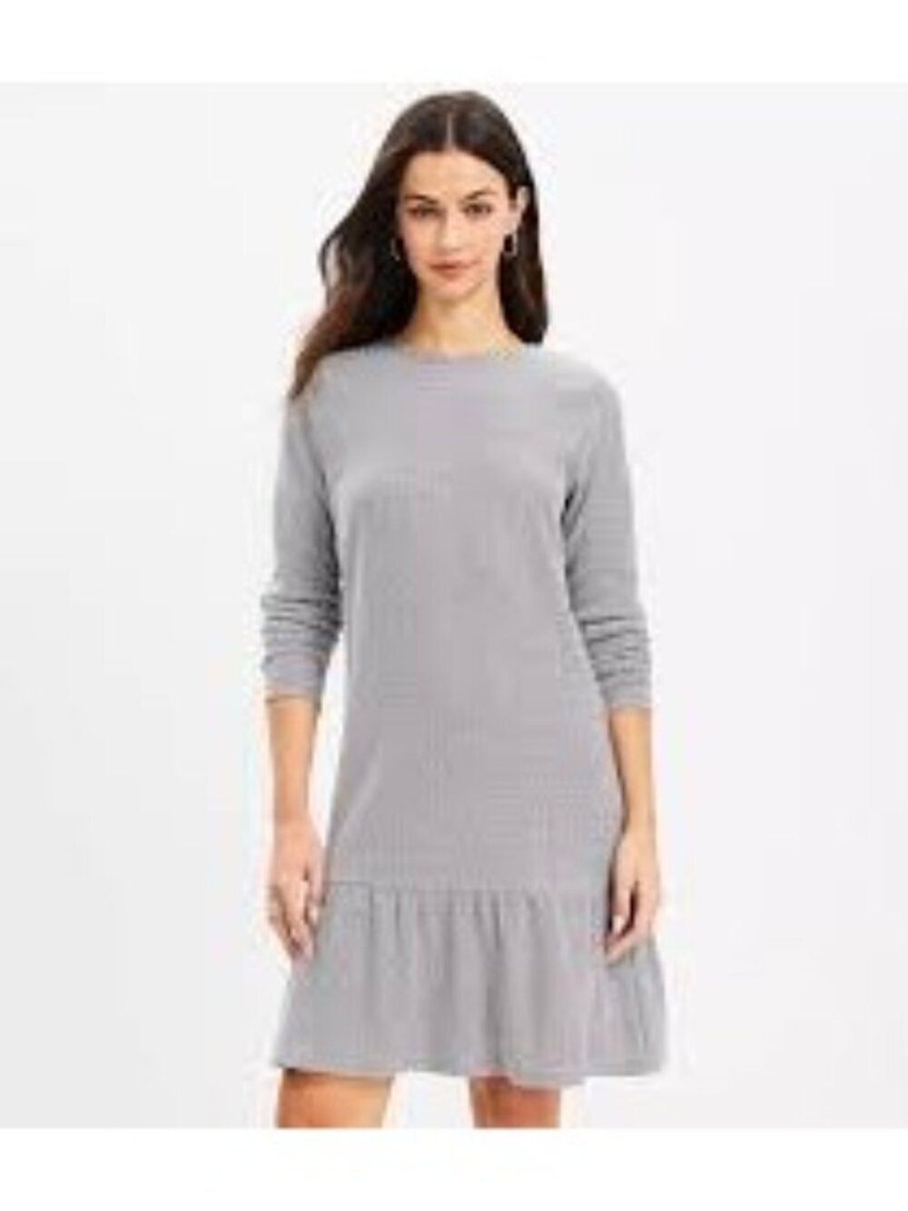 LOFT NWT Women’s Gray Jacquard Flounce Swing Dress Long Sleeve Size M